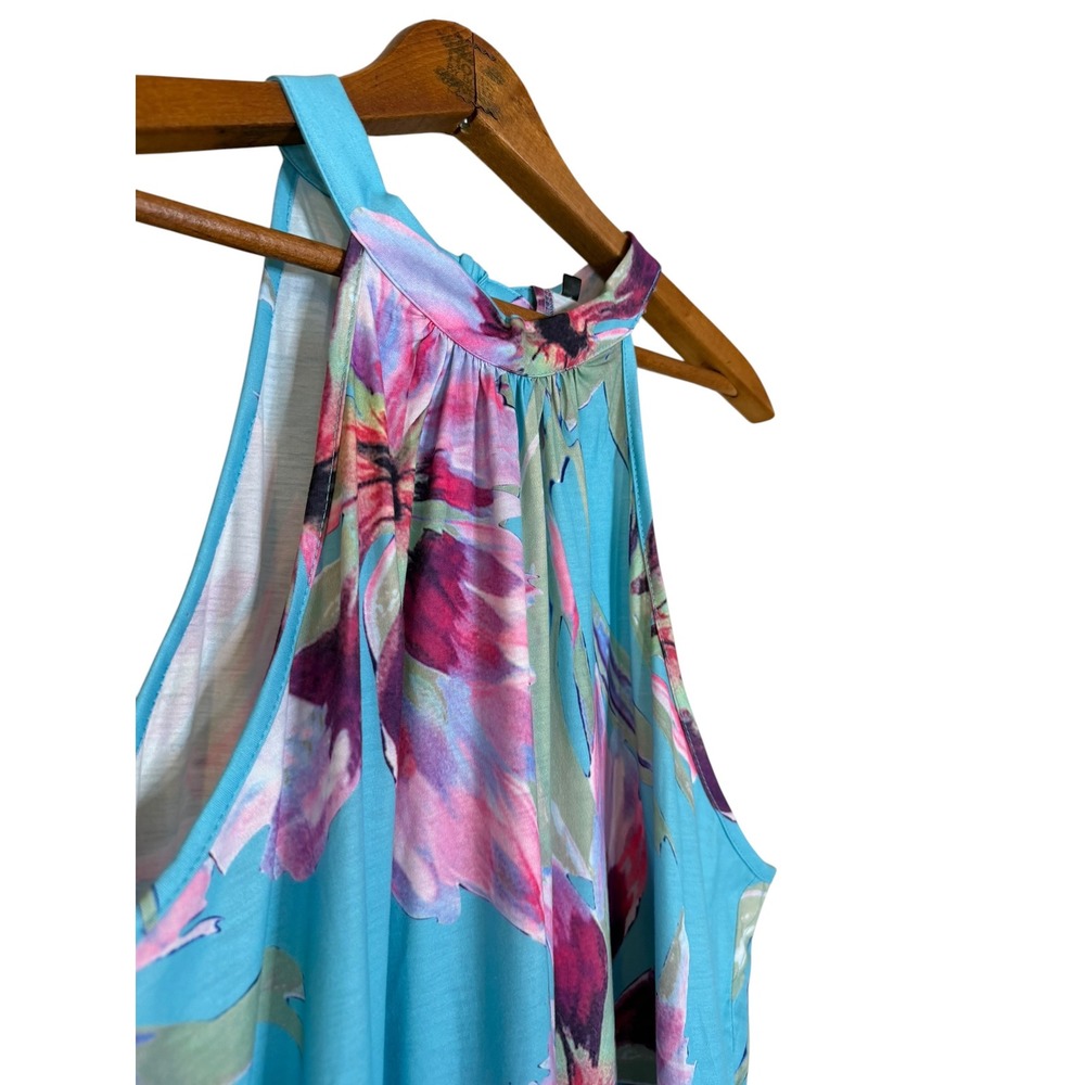 Floral Halter Neck Fit and Flare Dress Turquoise Blue Purple Sleeveless 2XL - Picture 4 of 7
